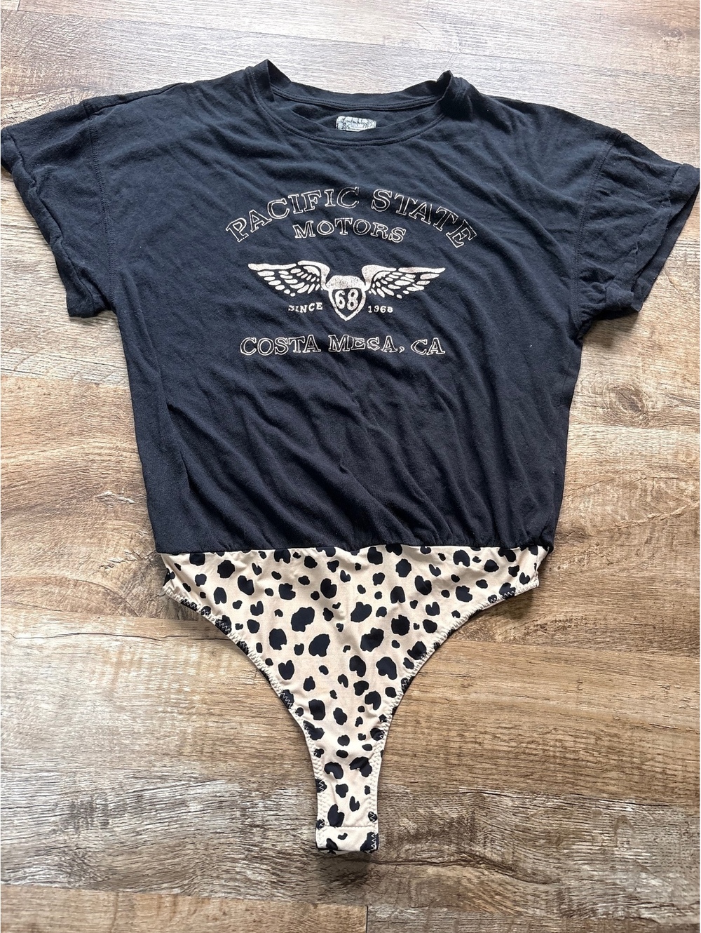 Free People Black Graphic Tee with Leopard Print Bodysuit Bottom Small